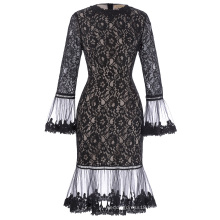 Kate Kasin Long SLeeve Poet Cuffs Crew Neck Hips-Wrapped Floral Black Lace Dress KK001027-1